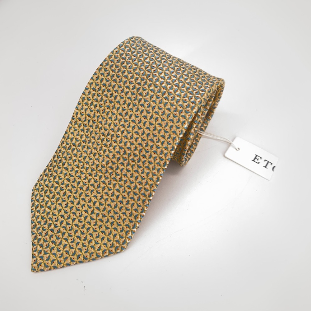 Eton Tie Mens One Size Yellow Green Patterned Silk Classic Necktie England Made